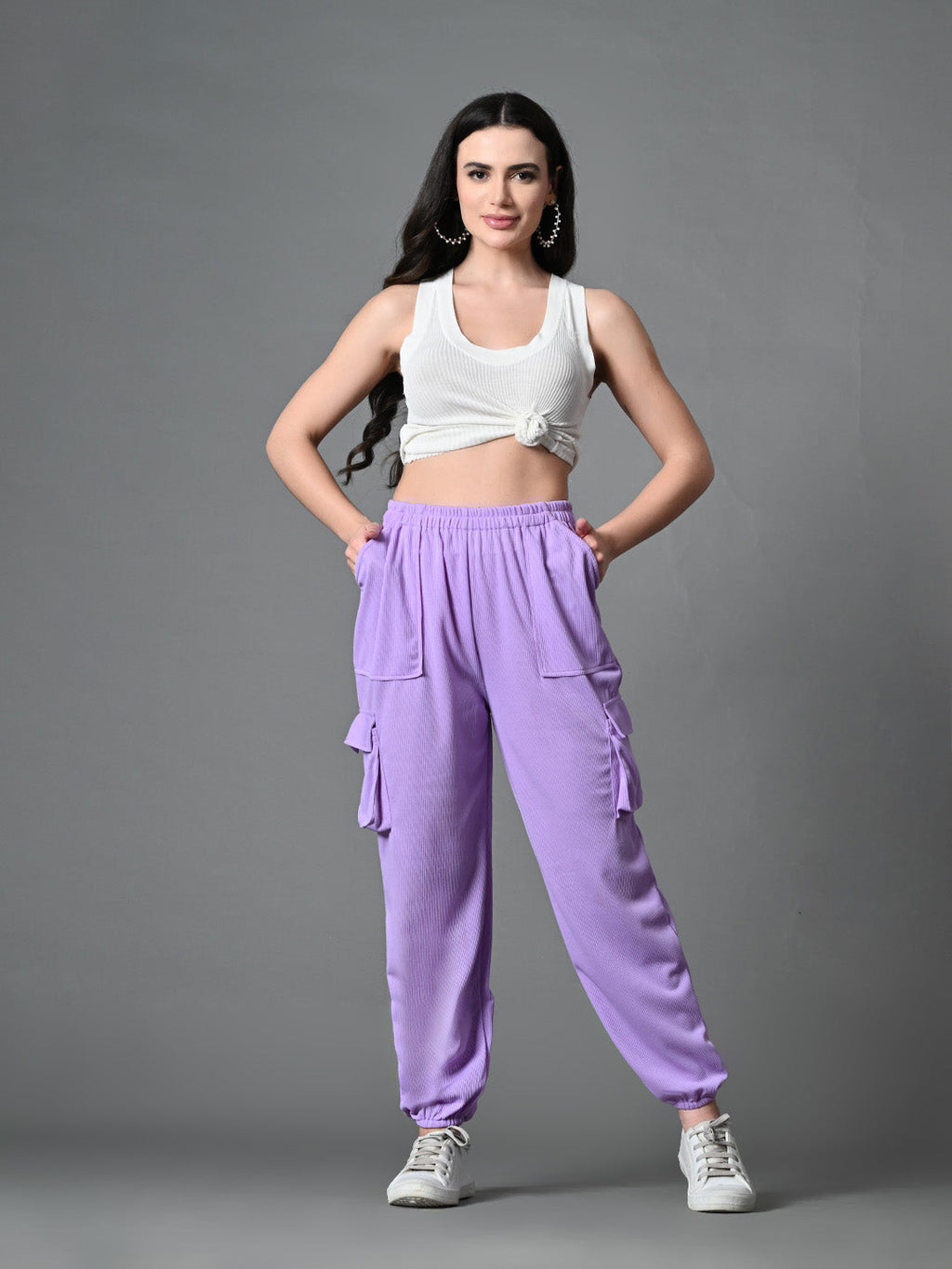 Myshka Women's Solid Ribbed High-Rise Cargo Style Casual Trousers in Lavender Color | Grocsy