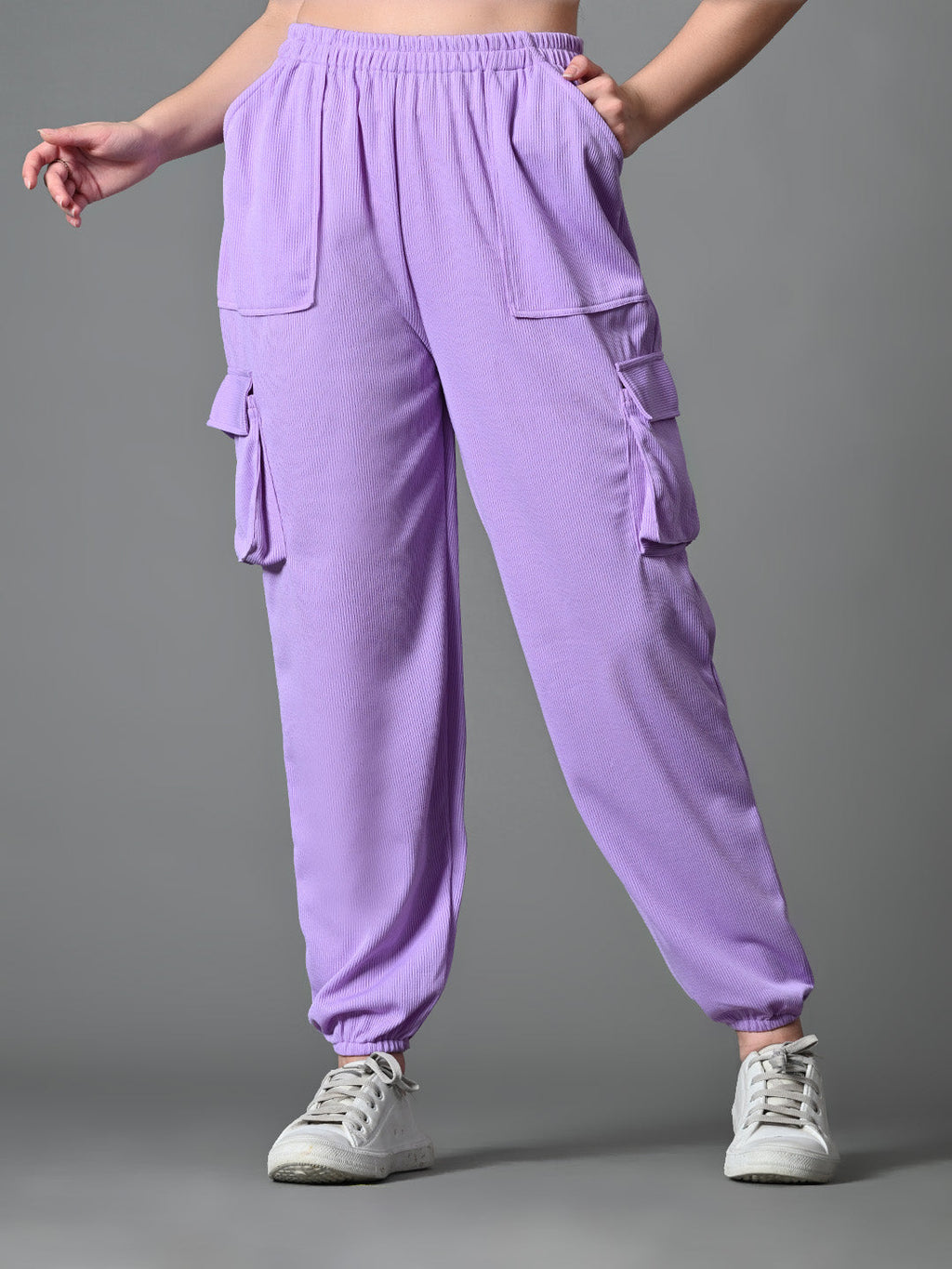 Myshka Women's Solid Ribbed High-Rise Cargo Style Casual Trousers in Lavender Color | Grocsy