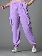 Myshka Women's Solid Ribbed High-Rise Cargo Style Casual Trousers in Lavender Color | Grocsy
