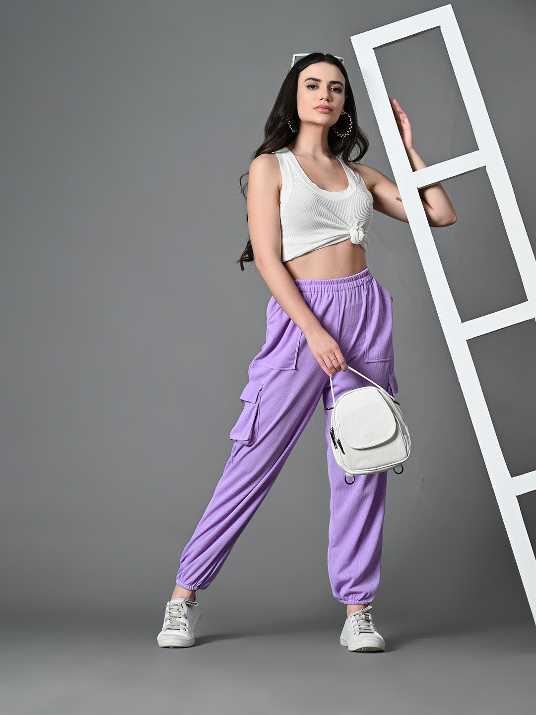 Myshka Women's Solid Ribbed High-Rise Cargo Style Casual Trousers in Lavender Color | Grocsy