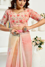 Vastranavya Peach Digital Printed Linen Ready To Wear Designer Saree with Unstitched Blouse | Grocsy