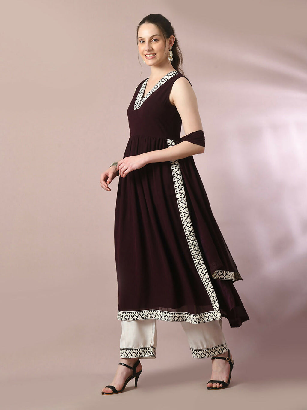 Myshka Women's Coffee Brown Solid Georgette Anarkali Party Kurta Set With Dupatta | Grocsy