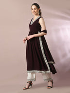 Myshka Women's Coffee Brown Solid Georgette Anarkali Party Kurta Set With Dupatta | Grocsy