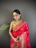 Joban Fashion Coral Pink Geometric Pattern Soft Silk Patola Saree | Grocsy