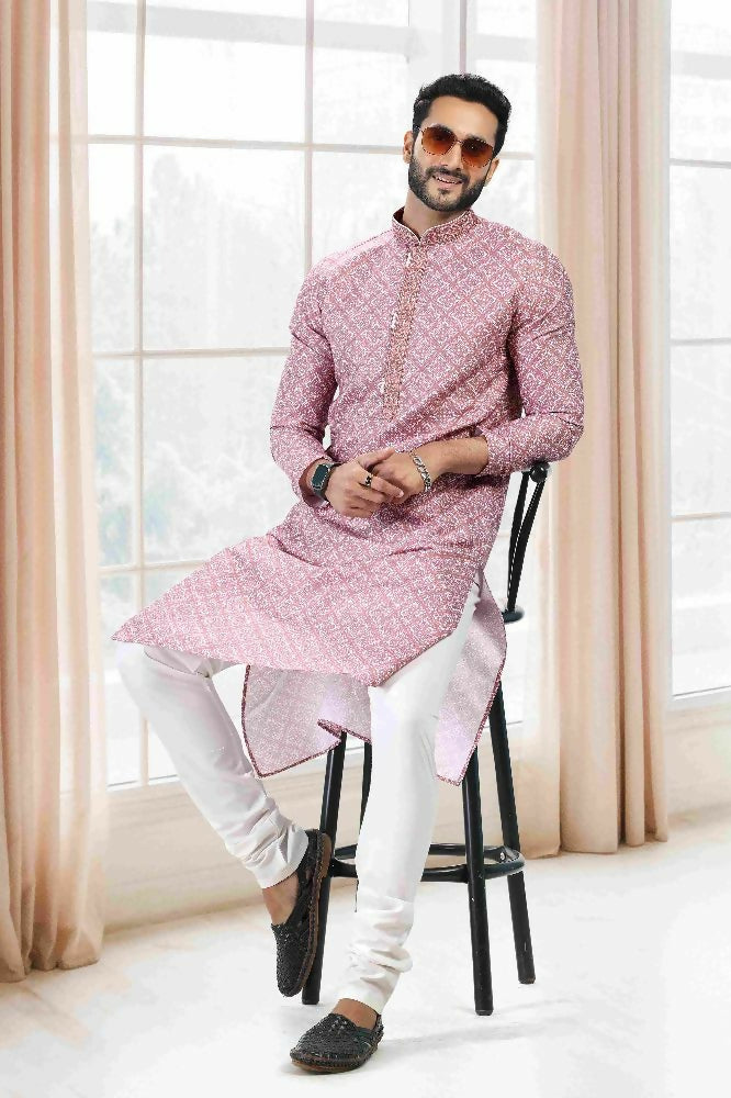 Raivat Ethnic Cotton Thread Work Kurta Pajama In Baby Pink Colour | Grocsy