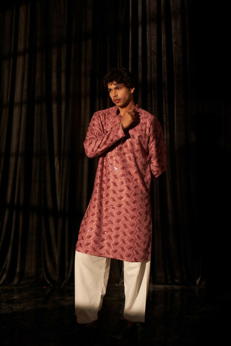 Pink viscose Chikankari Embroidery Work Men's Traditional Kurta Set - Mahotsav | Grocsy