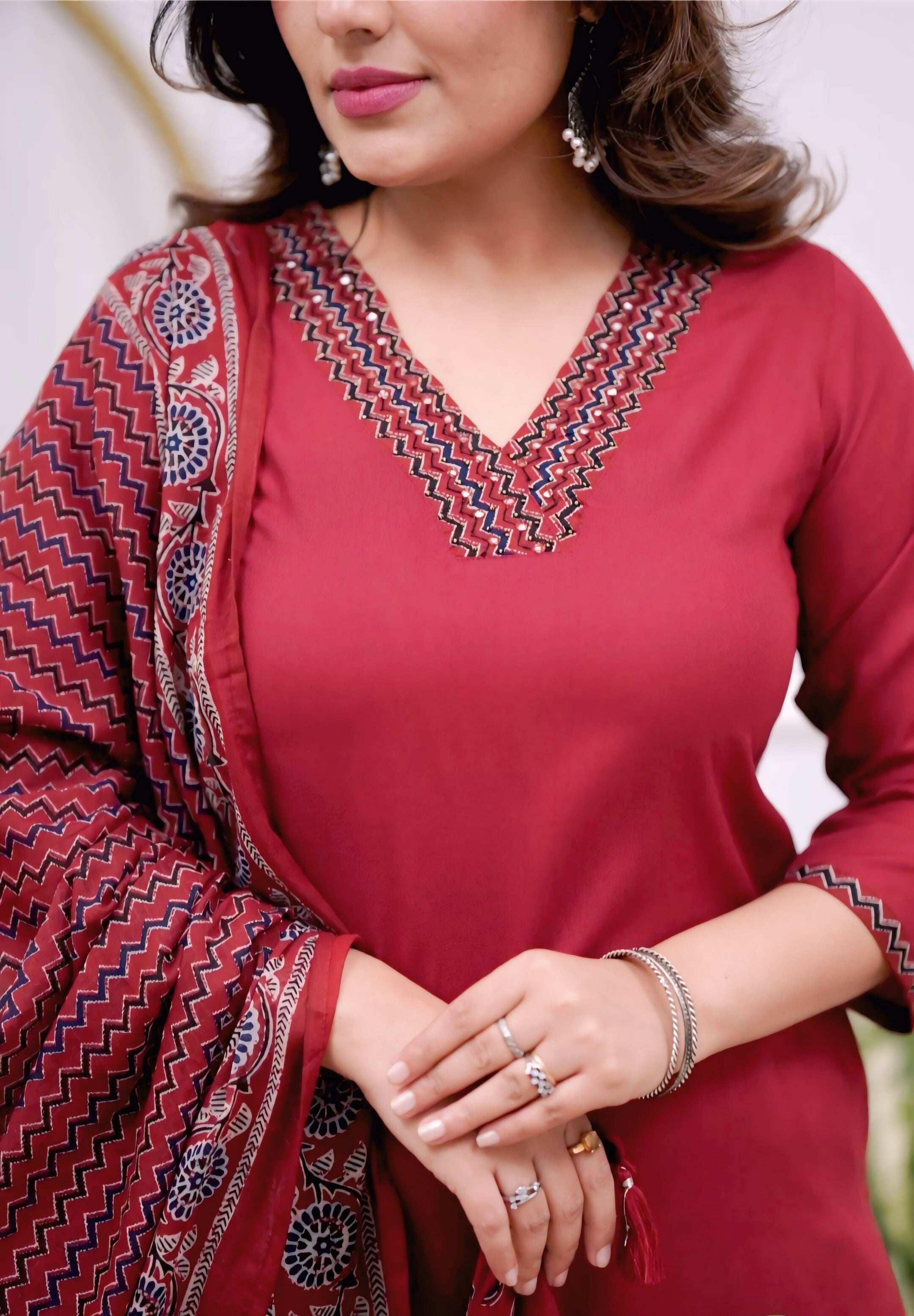 The52 Maroon Women's Gorgeous Parampara Fabric Embroidered Work Straight Kurta Pant and Dupatta Set | Grocsy