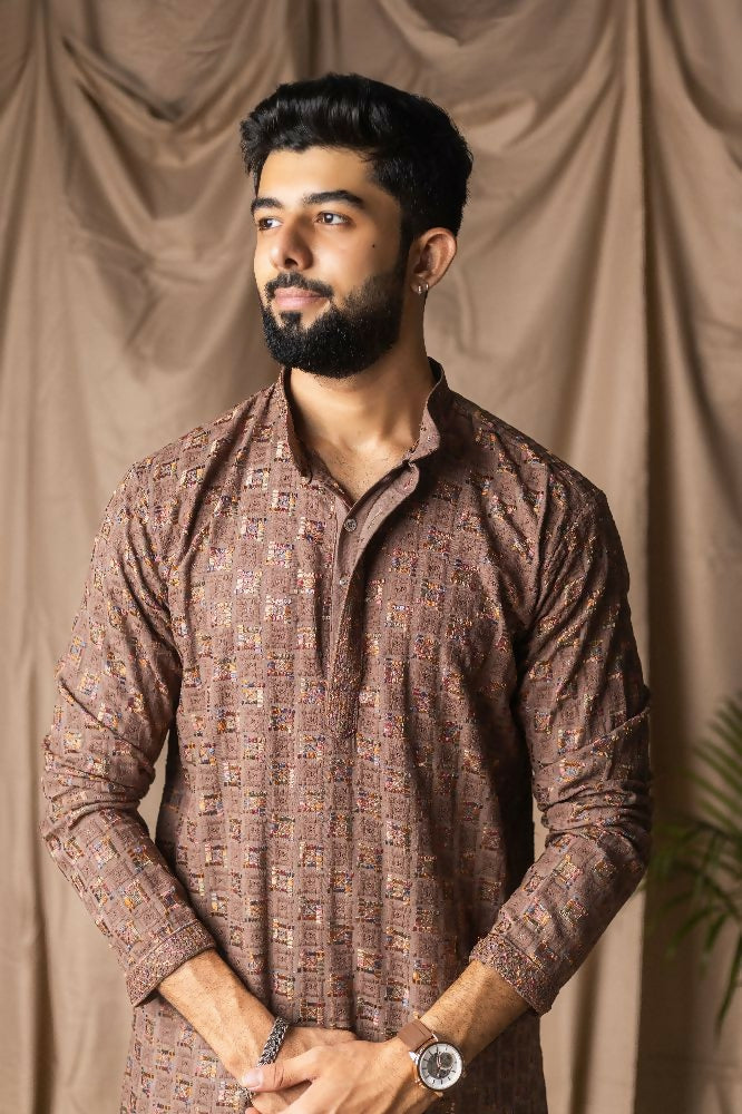 Brown Rayon Thread Embroidery Work Kurta Set - Mahotsav | Grocsy