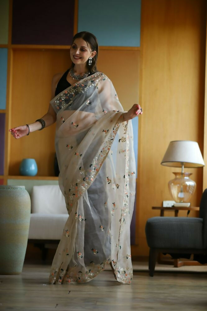 Vamsee Avantika Beige Organza Saree | Grocsy