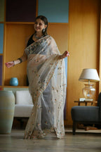 Vamsee Avantika Beige Organza Saree | Grocsy