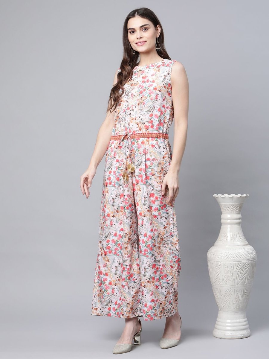 Ahalyaa Womens Pink Crepe Digital Print Floral Jumpsuit | Grocsy