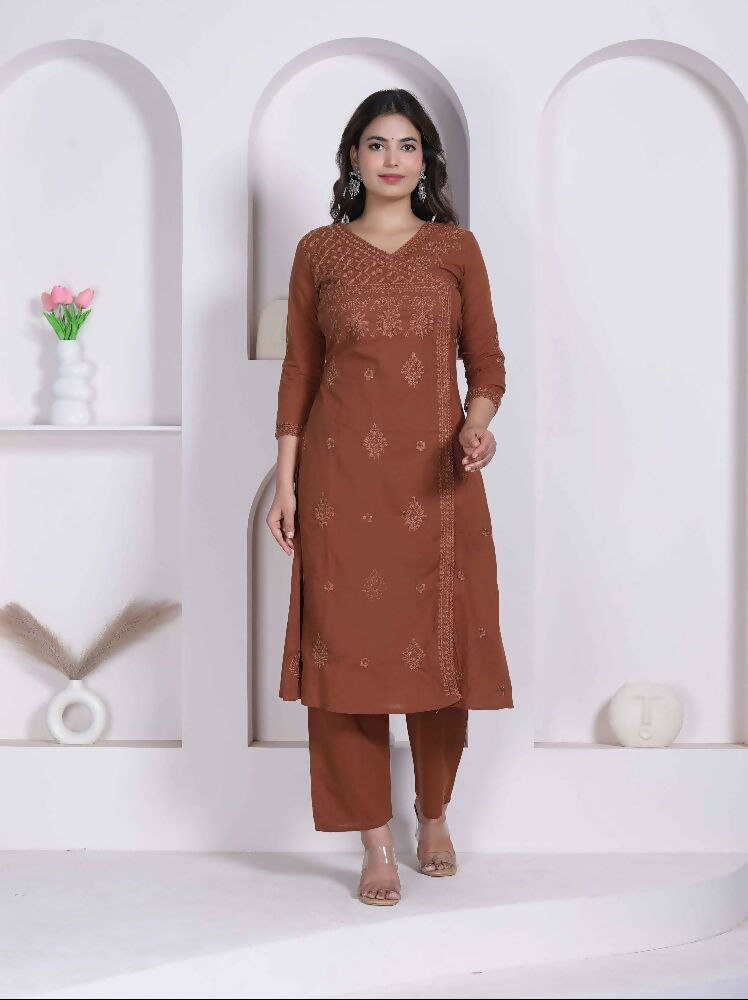 Miravan Womens Brown Floral Printed Angrakha Style Kurta With Palazzo | Grocsy