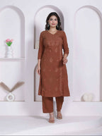 Miravan Womens Brown Floral Printed Angrakha Style Kurta With Palazzo | Grocsy