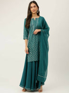 FIORRA Women's Teal Green Crepe Straight Kurta Skirt With Dupatta | Grocsy