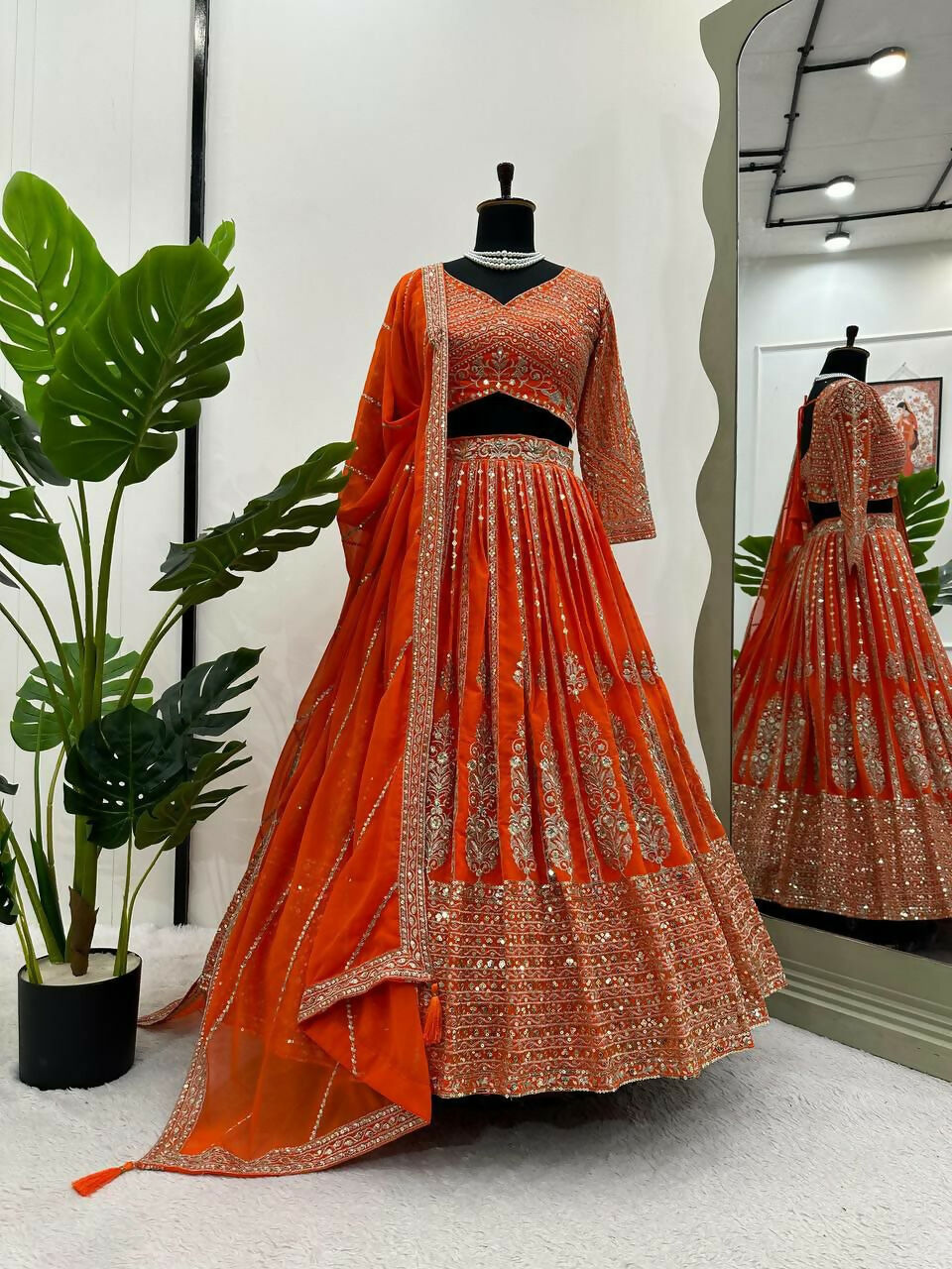 Jyoti Fashion Women's Orange Faux Georgette Sequins with Thread Embroidered Designer Lehenga Choli Set | Grocsy
