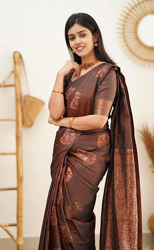 Vamika Brown Banarasi Jacquard Weaving Saree | Grocsy