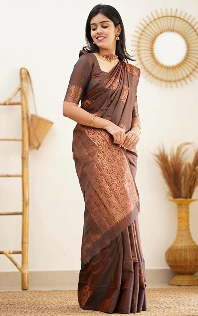 Vamika Brown Banarasi Jacquard Weaving Saree | Grocsy