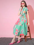 Myshka Women's Green Floral Printed Empire Dress | Grocsy
