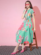 Myshka Women's Green Floral Printed Empire Dress | Grocsy