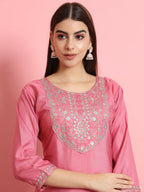 Vellora Blush Pink Silk Blend Readymade Suit with Embroidery Details | Grocsy