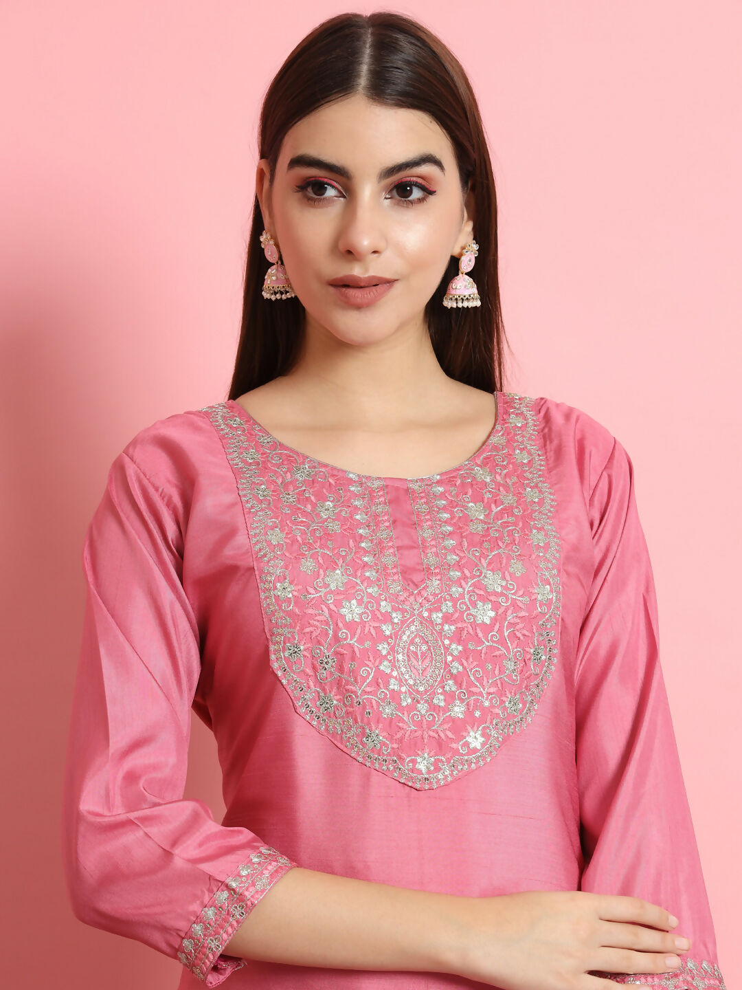 Vellora Blush Pink Silk Blend Readymade Suit with Embroidery Details | Grocsy