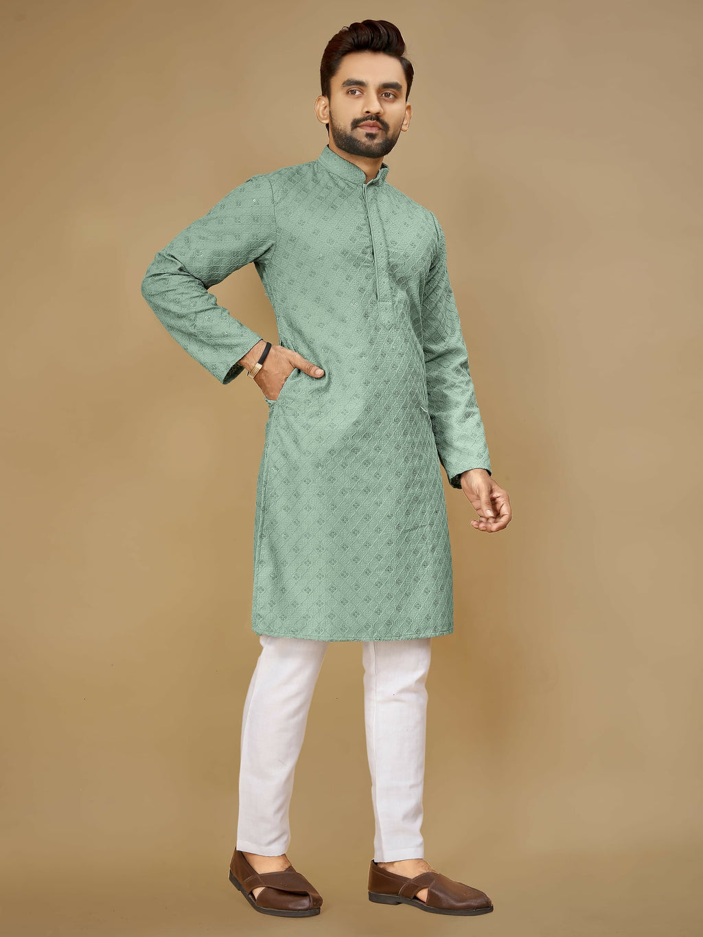 Anaita Sea_Green Embroidered Rayon Straight Kurta | Grocsy