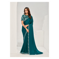 Teal Crepe Satin Silk Sequence & Applique Saree with Unstitched Blouse Piece - Norita Saanjh | Grocsy