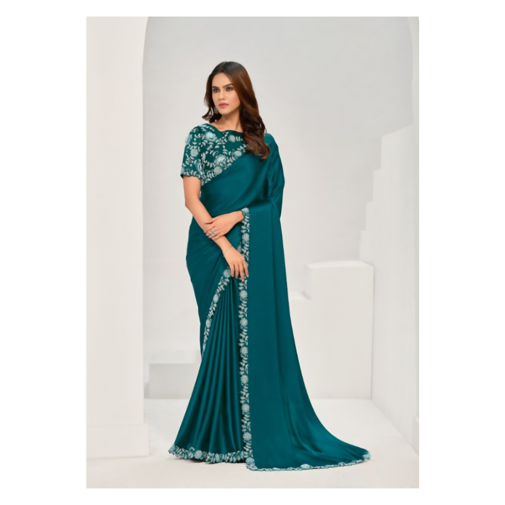 Teal Crepe Satin Silk Sequence & Applique Saree with Unstitched Blouse Piece - Norita Saanjh | Grocsy
