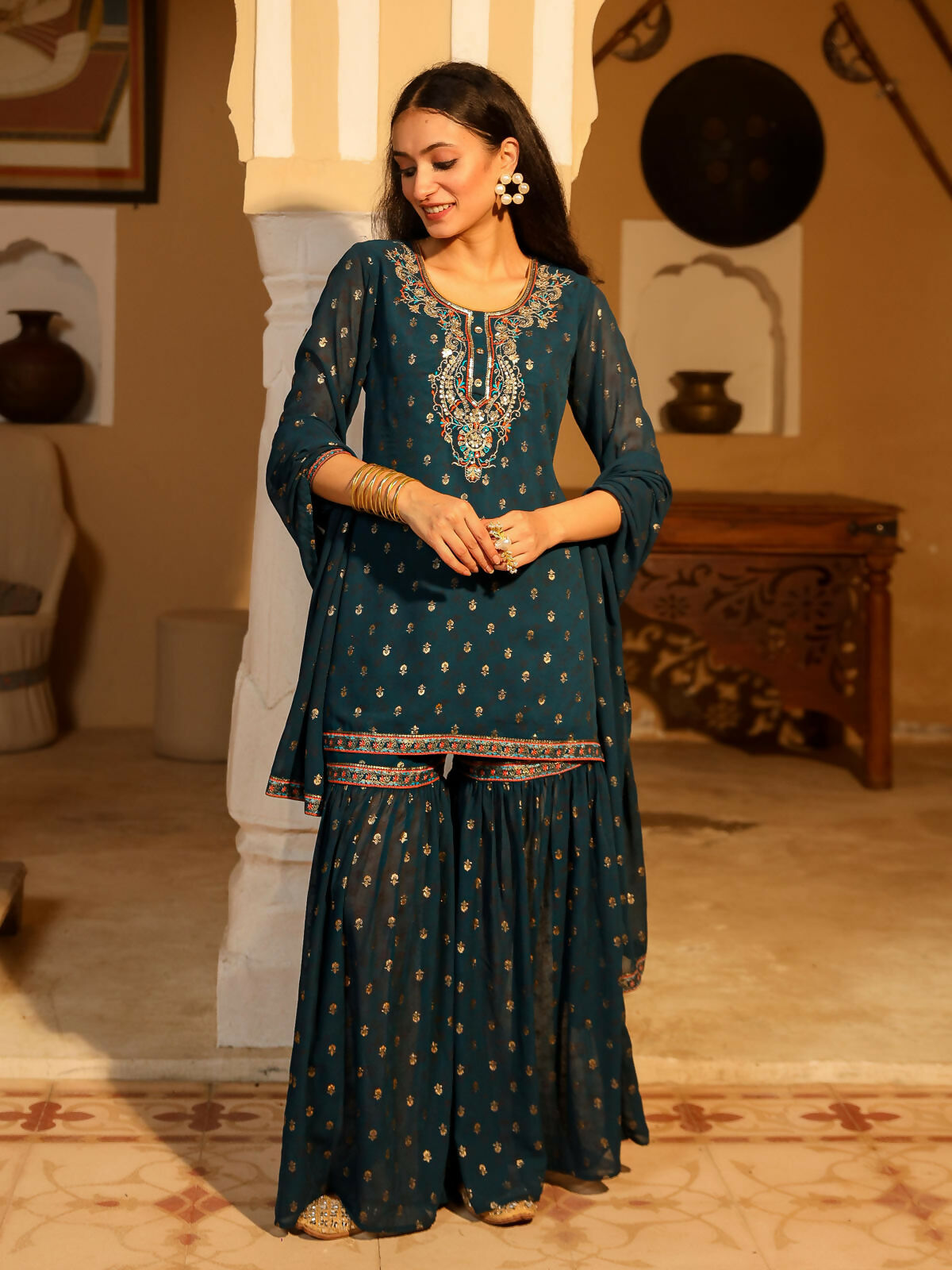 Juniper Women's The Swarn Teal Ethnic Motif Printed Georgette Kurta Pant And Dupatta With Sequins & Zari Work | Grocsy