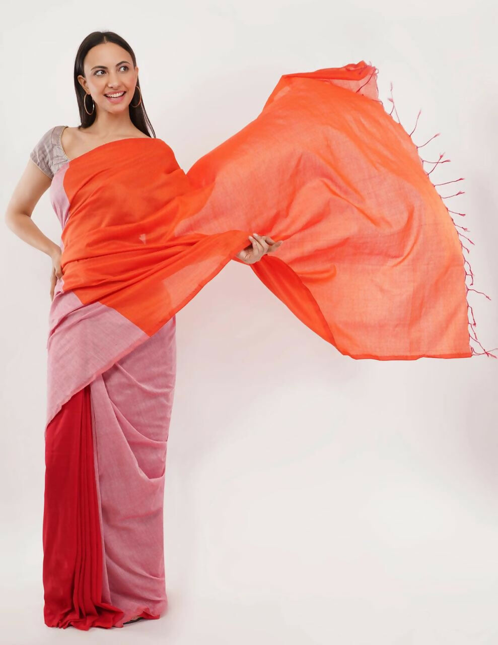 Exclusive Collection Beautiful Khadi Cotton Orange Light Pink Red Handloom Saree | Grocsy