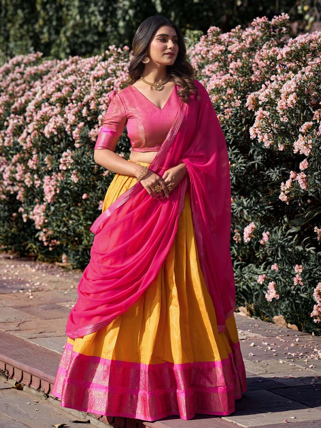 Lorenvalley Mustard Kanchipuram Zari Weaving Work Lehenga Choli with Dupatta | Grocsy