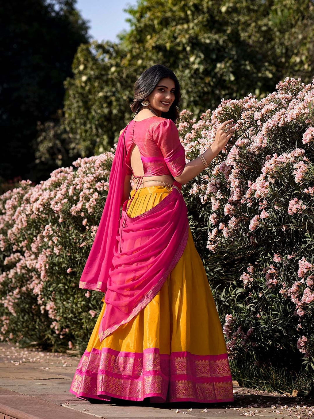 Evanik Women South-Style Kanchipuram Silk Stitched Lehenga With Unstitched Blouse & Dupatta | Grocsy