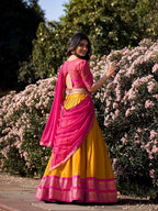Evanik Women South-Style Kanchipuram Silk Stitched Lehenga With Unstitched Blouse & Dupatta | Grocsy