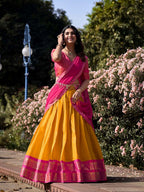 Evanik Women South-Style Kanchipuram Silk Stitched Lehenga With Unstitched Blouse & Dupatta | Grocsy