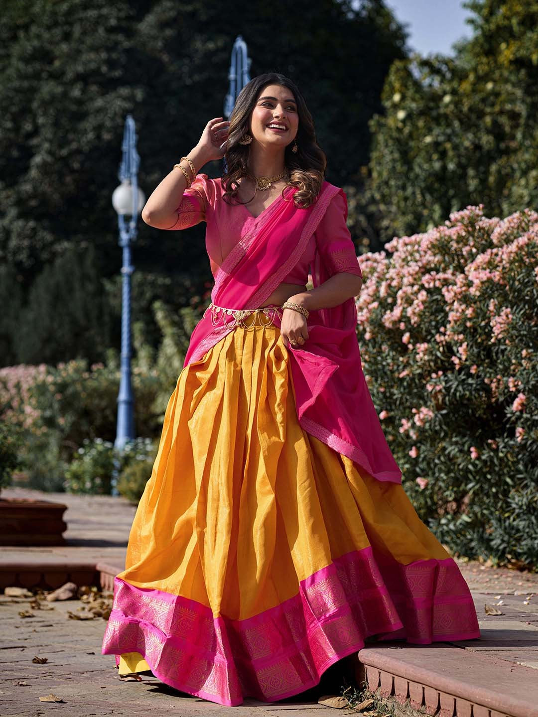 Lorenvalley Mustard Kanchipuram Zari Weaving Work Lehenga Choli with Dupatta | Grocsy