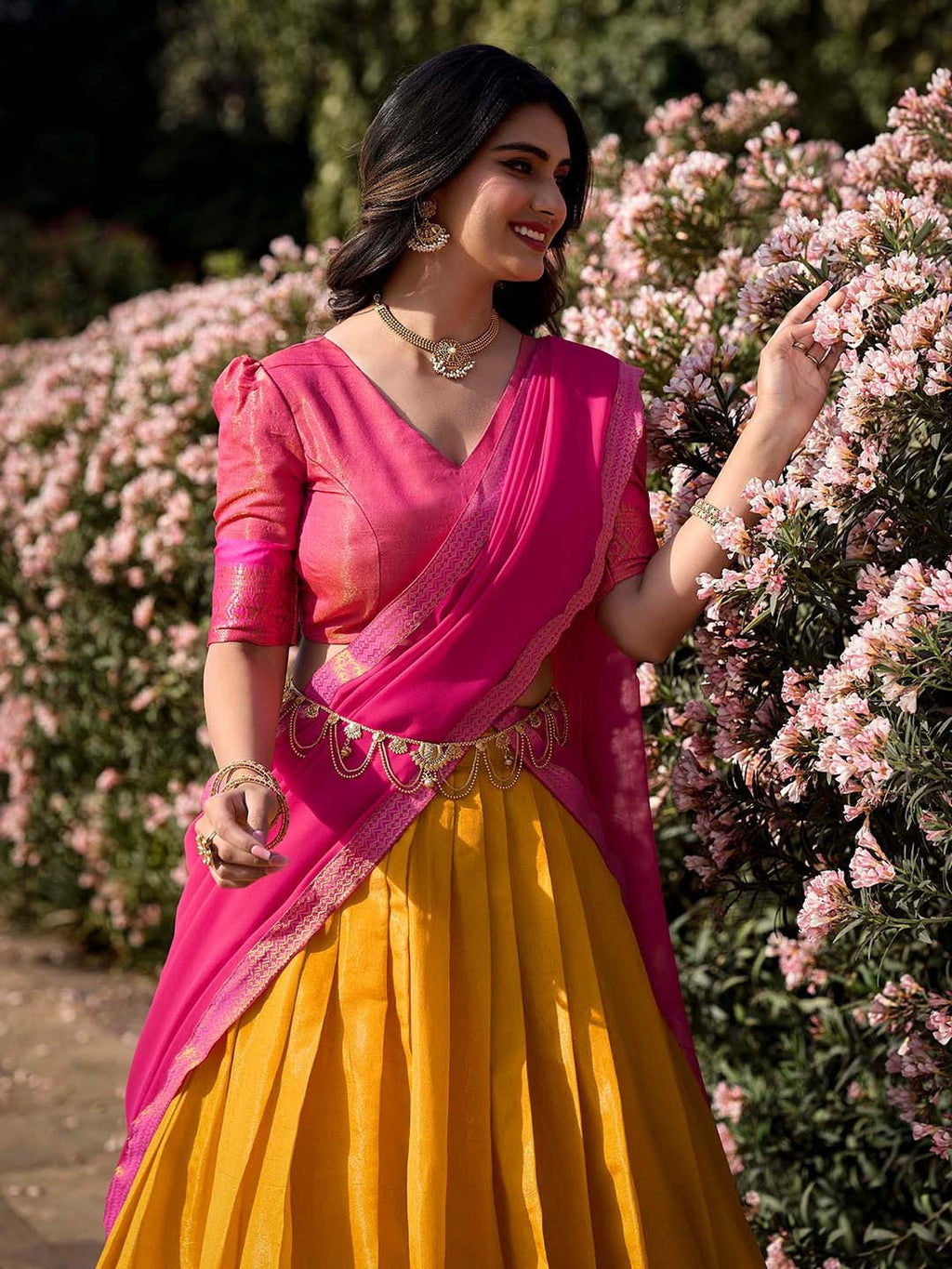 Lorenvalley Mustard Kanchipuram Zari Weaving Work Lehenga Choli with Dupatta | Grocsy