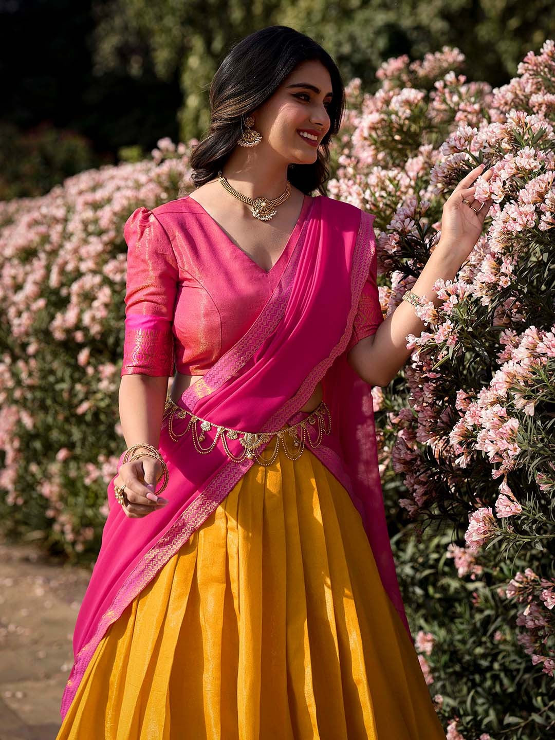 Lorenvalley Mustard Kanchipuram Zari Weaving Work Lehenga Choli with Dupatta | Grocsy