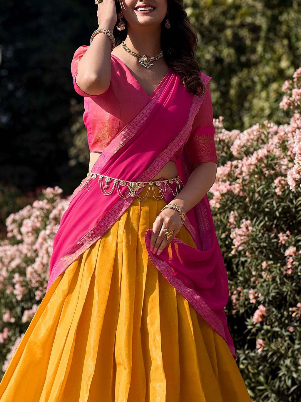 Lorenvalley Mustard Kanchipuram Zari Weaving Work Lehenga Choli with Dupatta | Grocsy