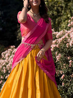 Lorenvalley Mustard Kanchipuram Zari Weaving Work Lehenga Choli with Dupatta | Grocsy