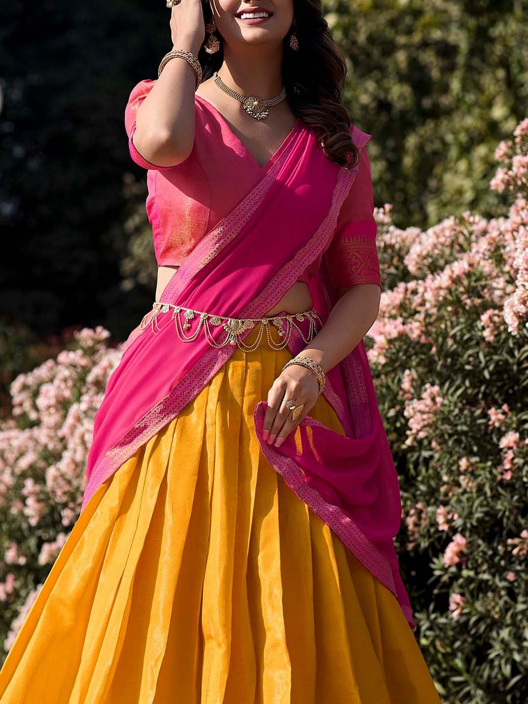 Lorenvalley Mustard Kanchipuram Zari Weaving Work Lehenga Choli with Dupatta | Grocsy