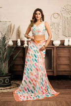 Joban Fashion White Color Block Linen Ready To Wear Saree With Unstitched Blouse | Grocsy