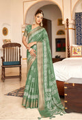 Green Patta Poly Cotton Aztec Printed Saree With Unstitched Blouse Piece - Shades | Grocsy