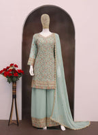 Anaita Sky-blue Embroderied Faux Georgette Stitched Plazzo Suit | Grocsy