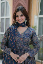 Vastranavya Navy Blue Pure Cotton Printed Top with Pant & Dupatta Set | Grocsy