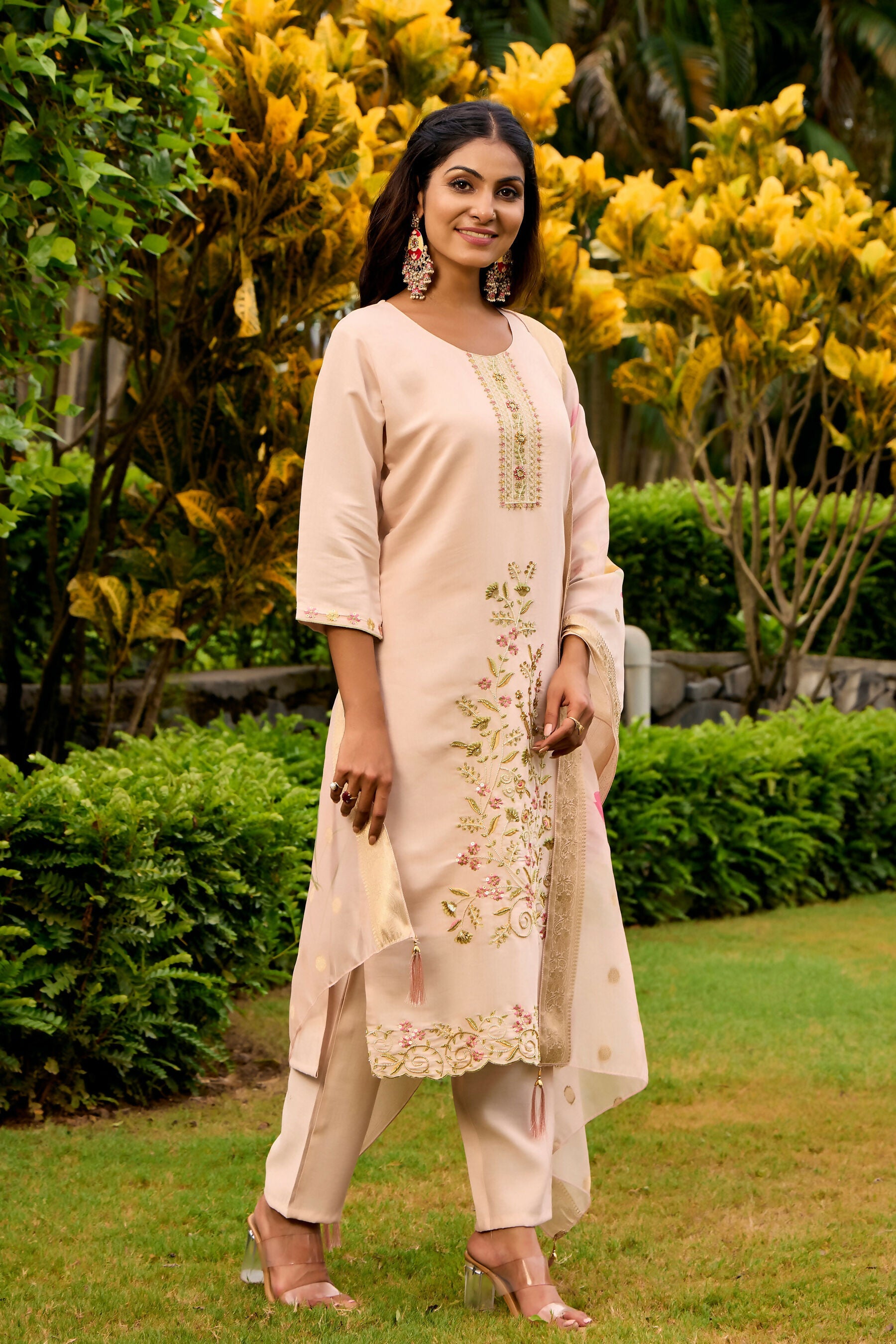 The52 Women's Beautiful Embroidery Work Roman Fabric Straight Kurta Pant and Dupatta Set | Grocsy