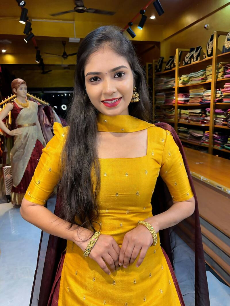 Teeya Creation New Maroon and Yellow Banarasi Silk Half Saree Lehenga Choli with Pleated Dupatta | Grocsy