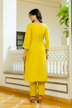 The52 Yellow Women's Beautiful Embroidered Viscose Shimmer Fabric with Straight Kurta, Pant and Dupatta Set | Grocsy