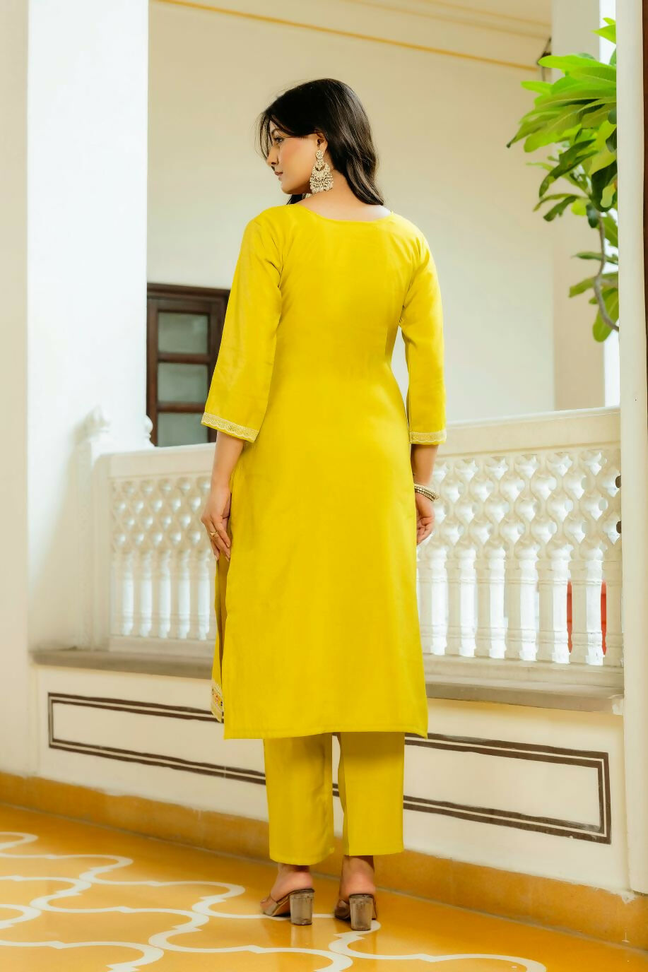 The52 Yellow Women's Beautiful Embroidered Viscose Shimmer Fabric with Straight Kurta, Pant and Dupatta Set | Grocsy