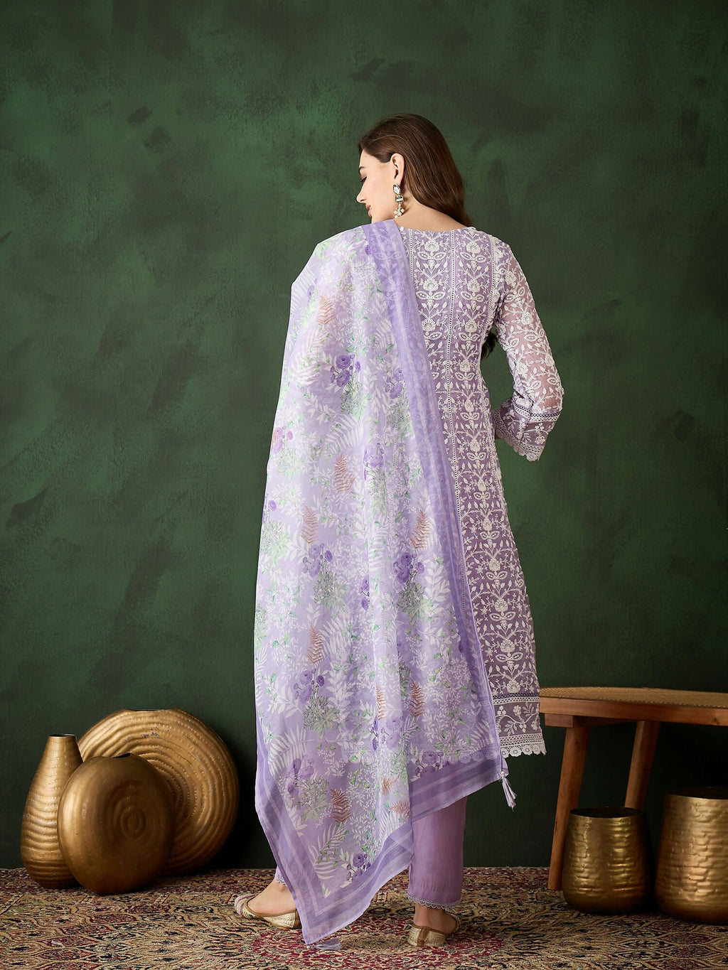 Lavender Crystal Organza schiffli embroidery Kurta With Trouser & Dupatta - Bhumi | Grocsy