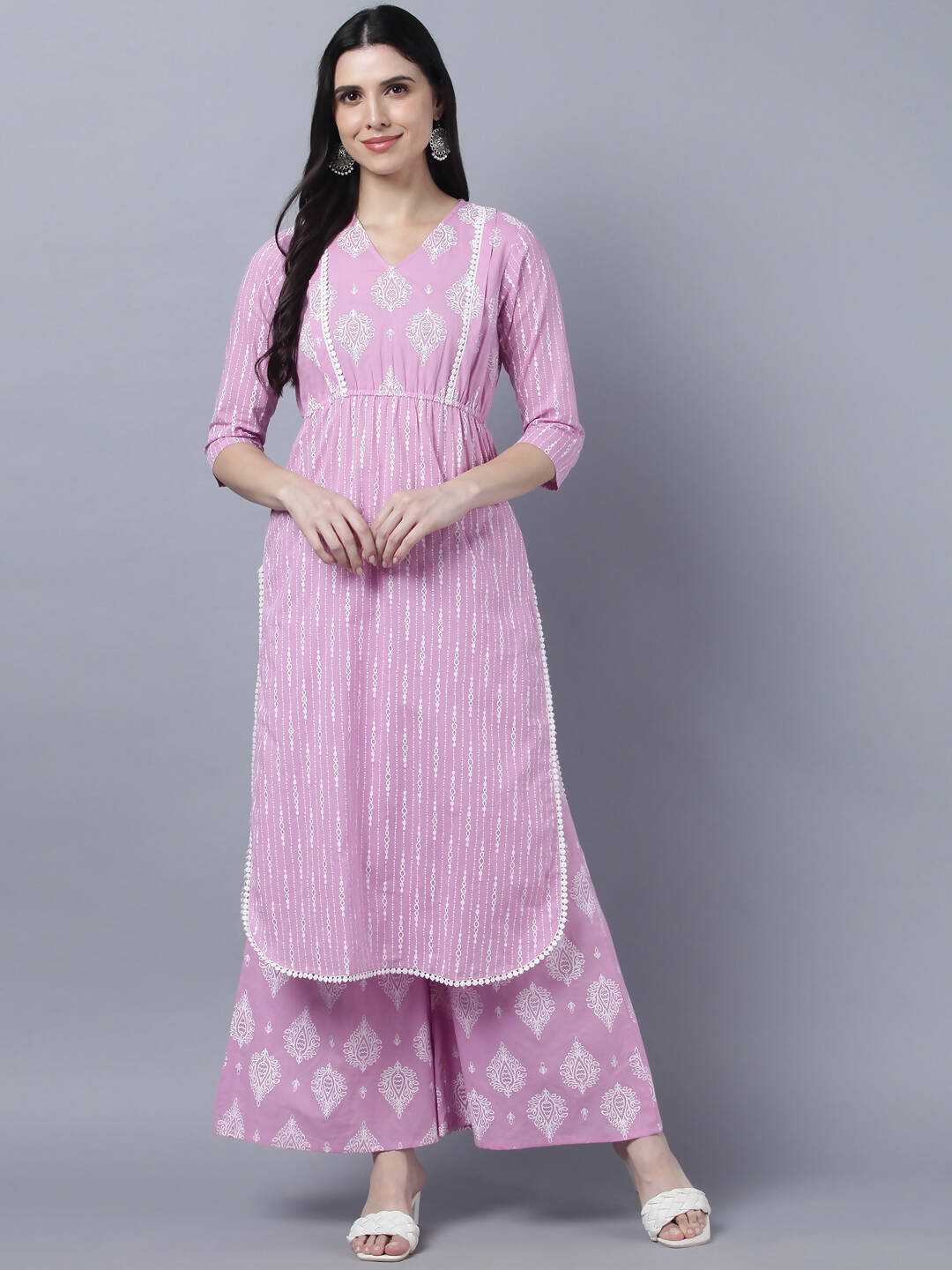 Myshka Stylish Pink 3/4 Sleeve Women's Kurta Palazzo Set | Grocsy